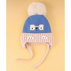 Babyhug Woollen Cap with Knot Pom Pom Bear Embroidery Blue - Diameter 14 cm