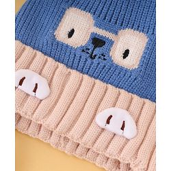 Babyhug Woollen Cap with Knot Pom Pom Bear Embroidery Blue - Diameter 14 cm