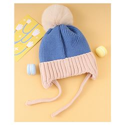 Babyhug Woollen Cap with Knot Pom Pom Bear Embroidery Blue - Diameter 14 cm