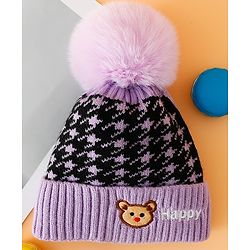 Babyhug Woollen Cap  With Bear Embriodery Purple - Diameter 11 cm