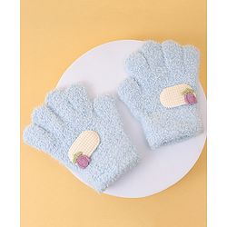 Babyhug Solid Coloured Fur Gloves With Floral Applique - Light Blue