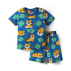 Babyhug Cotton Knit Half Sleeves Co-ords Shorts  Night Suit With Animal Print - Navy Blue