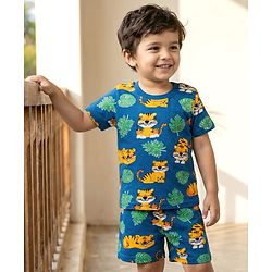 Babyhug Cotton Knit Half Sleeves Co-ords Shorts  Night Suit With Animal Print - Navy Blue