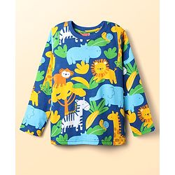 Babyhug Cotton Knit Full Sleeves Co-ord Night Suit With Animal Print - Navy Blue