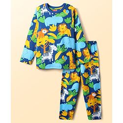 Babyhug Cotton Knit Full Sleeves Co-ord Night Suit With Animal Print - Navy Blue