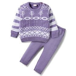 Babyhug Knitted Full Sleeves Sweater Set With Tree Print - Lavender