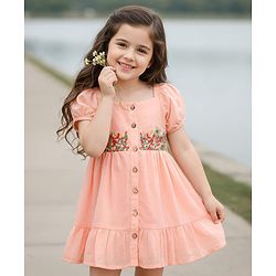 Babyhug Cotton Woven Puffed Sleeves Front Open Frock with Floral Embroidery - Pink
