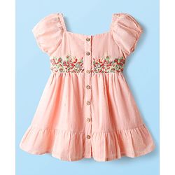 Babyhug Cotton Woven Puffed Sleeves Front Open Frock with Floral Embroidery - Pink