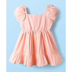 Babyhug Cotton Woven Puffed Sleeves Front Open Frock with Floral Embroidery - Pink