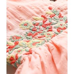 Babyhug Cotton Woven Puffed Sleeves Front Open Frock with Floral Embroidery - Pink