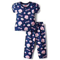 Babyhug Cotton Knit Half Sleeves Co-ords Night Suit with Hearts Print - Navy Blue