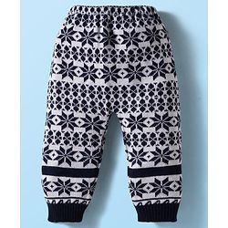 Babyhug Sweater Knit Full Length Woollen Pant with Floral Design - Navy Blue & White