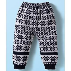 Babyhug Sweater Knit Full Length Woollen Pant with Floral Design - Navy Blue & White