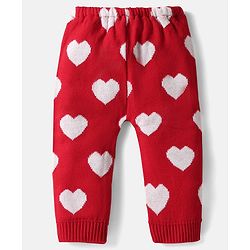 Babyhug Sweater Knit Full Length Woollen Bottom Wear With Heart Design - Red