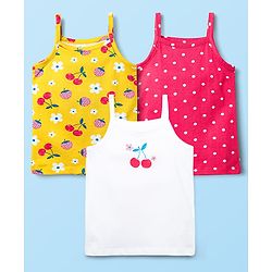 Babyhug 100% Cotton Single Jersey Knit Sleeveless Slips With Polka Dots & Tropical Theme Print Pack Of 3 - Pink White & Yellow
