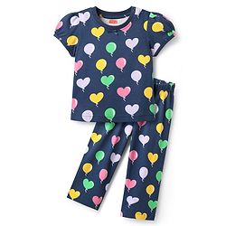 Babyhug Cotton Knit Half Sleeves Co-ords Night Suit With Balloon Print - Navy Blue