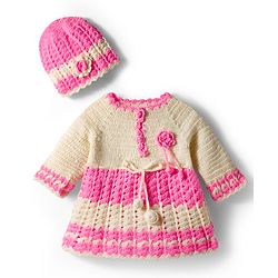 Babyhug Full Raglan Sleeves Crochet Hand-Knit Woollen Dress with Colour Floral Applique Block Design & Cap - Pink