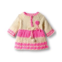 Babyhug Full Raglan Sleeves Crochet Hand-Knit Woollen Dress with Colour Floral Applique Block Design & Cap - Pink