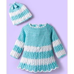 Babyhug Full Raglan Sleeves Crochet Hand-Knit Woollen Dress with Colour Block Design & Cap - Aqua Blue