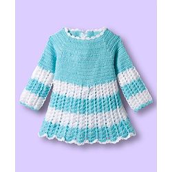 Babyhug Full Raglan Sleeves Crochet Hand-Knit Woollen Dress with Colour Block Design & Cap - Aqua Blue