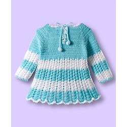 Babyhug Full Raglan Sleeves Crochet Hand-Knit Woollen Dress with Colour Block Design & Cap - Aqua Blue