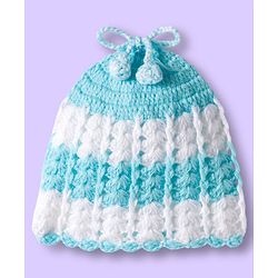 Babyhug Full Raglan Sleeves Crochet Hand-Knit Woollen Dress with Colour Block Design & Cap - Aqua Blue