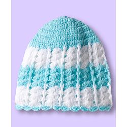 Babyhug Full Raglan Sleeves Crochet Hand-Knit Woollen Dress with Colour Block Design & Cap - Aqua Blue