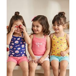 Babyhug 100% Cotton Singlet Tropical Theme & Text Printed Slips Pack Of 3 - Pink Navy Blue & Yellow