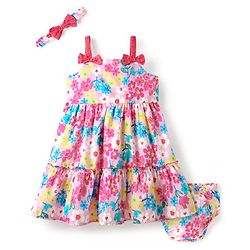 Babyhug Cotton Knit Floral Printed Sleeveless Frock with Bloomer & Headband - Pink