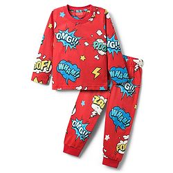 Babyhug Full Sleeves Co-ords Night Suit With Text Print - Red