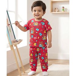 Babyhug Cotton Knit Half Sleeves Co-ords  Night Suit With Bear Print - Red