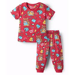 Babyhug Cotton Knit Half Sleeves Co-ords  Night Suit With Bear Print - Red