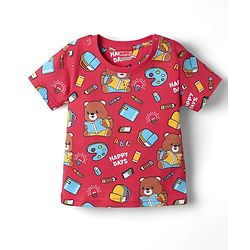 Babyhug Cotton Knit Half Sleeves Co-ords  Night Suit With Bear Print - Red