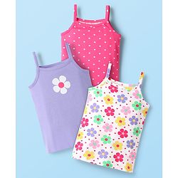 Babyhug 100% Cotton Single Jersey Knit Sleeveless Slips With Floral & Polka Dot Print Pack Of 3 - Pink White & Purple