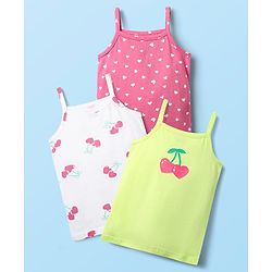 Babyhug 100% Cotton Single Jersey Knit Sleeveless Slips With Heart & Tropical Theme Print Pack Of 3 - Pink White & Light Green