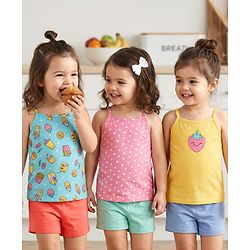 Babyhug 100% Cotton Single Jersey Knit Sleeveless Slips With Heart & Tropical Theme Print Pack Of 3 - Pink Yellow & Light Blue