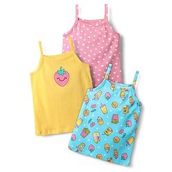 Babyhug 100% Cotton Single Jersey Knit Sleeveless Slips With Heart & Tropical Theme Print Pack Of 3 - Pink Yellow & Light Blue