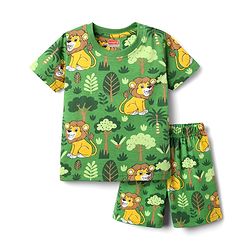 Babyhug Cotton Knit Half Sleeves Co-ords Shorts Night Suit With Lion Print - Green