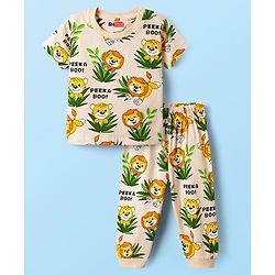 Babyhug Cotton Knit Half Sleeves Night Suit Co-ord  With Animal Print - Beige