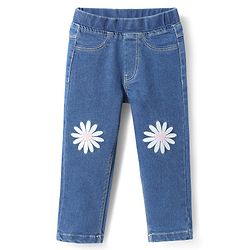 Babyhug Full Length Denim Jeggings Washed with Stretch & Floral Embroidery - Blue