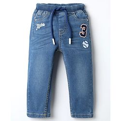 Babyhug Denim Full Length Washed Jeans With Stretch & Text Print - Blue
