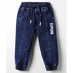 Babyhug Denim Full Length Text Printed Washed Joggers With Stretch - Blue