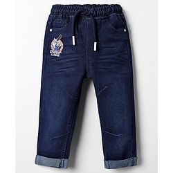 Babyhug Denim Full Length Washed Jeans With Stretch & Text Print - Navy Blue