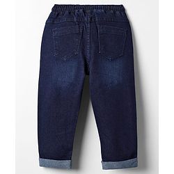 Babyhug Denim Full Length Washed Jeans With Stretch & Text Print - Navy Blue