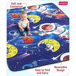 Babyhug Premium Reversible Foldable Space Theme Print Waterproof Floor Mat 6 x 5 ft| Thickness 8 Mm| Learn & Play Mat| Soft Foam & Anti-Slip| Easy to Carry Bag| 0-12 Years| Bis Certified - Navy Blue