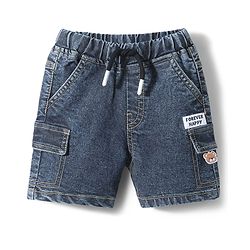 Babyhug Denim Washed Mid Thigh Shorts With Stretch & Teddy Bear Patch - Blue