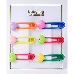 Babyhug Free Size Hair Clips with Heart Applique Pack of 6 - Red Blue and Green