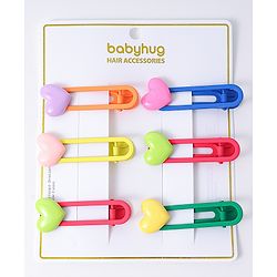 Babyhug Free Size Hair Clips with Heart Applique Pack of 6 - Red Blue and Green