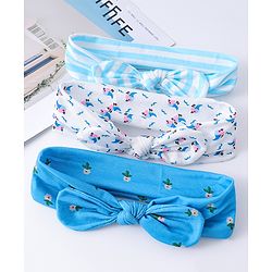 Babyhug Headbands with Knot Design Floral Stripe & Bird Print Pack of 3 - Blue & White