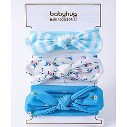 Babyhug Headbands with Knot Design Floral Stripe & Bird Print Pack of 3 - Blue & White